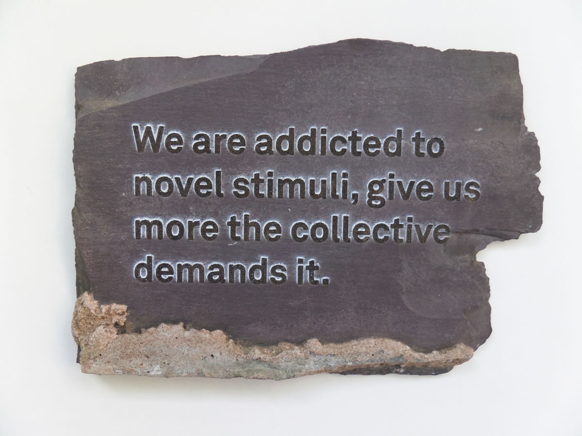 'Novel Stimuli' - Text from internet on found slate, 2014